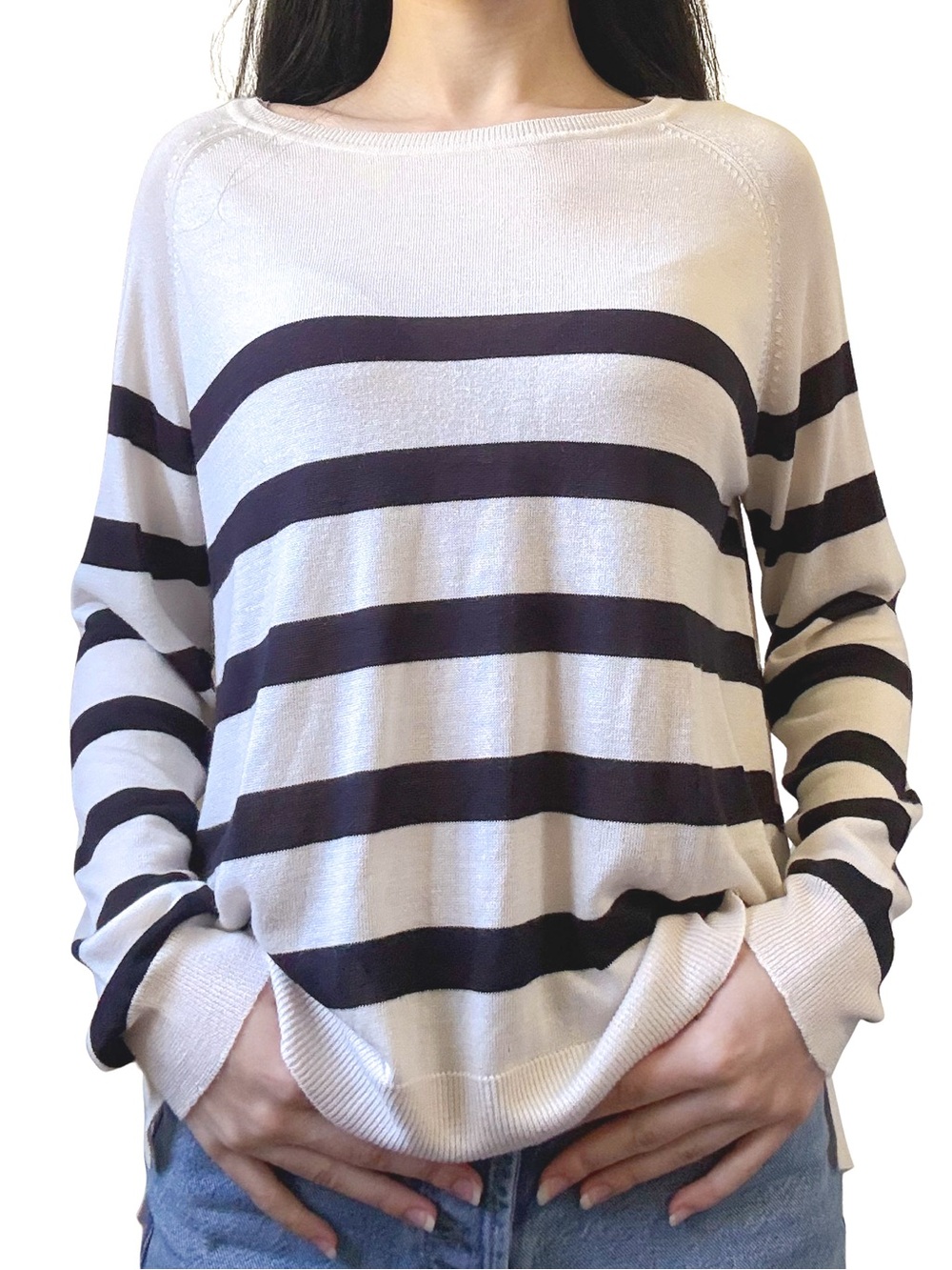 ZARA Long Sleeve Thin Knit Sweater Cream and Black Striped Size M GUC - Picture 3 of 14